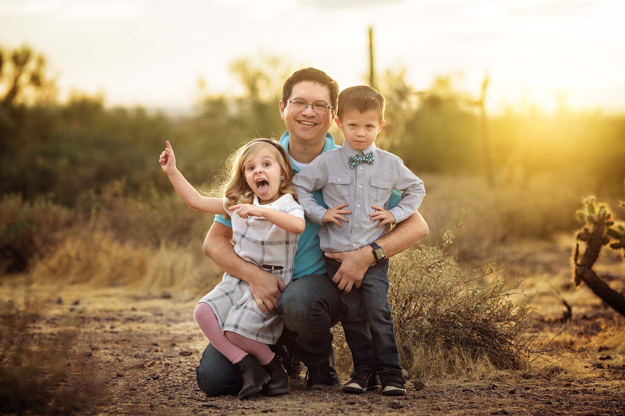 Fun family portrati with dad and kids at sunset near Phoenix, AZ