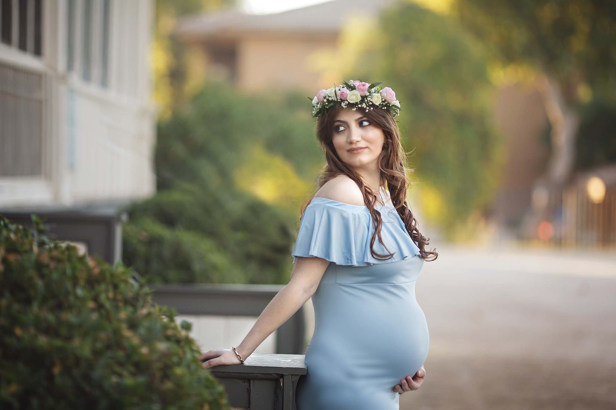 Maternity photo near Phoenix with gown and flower crown