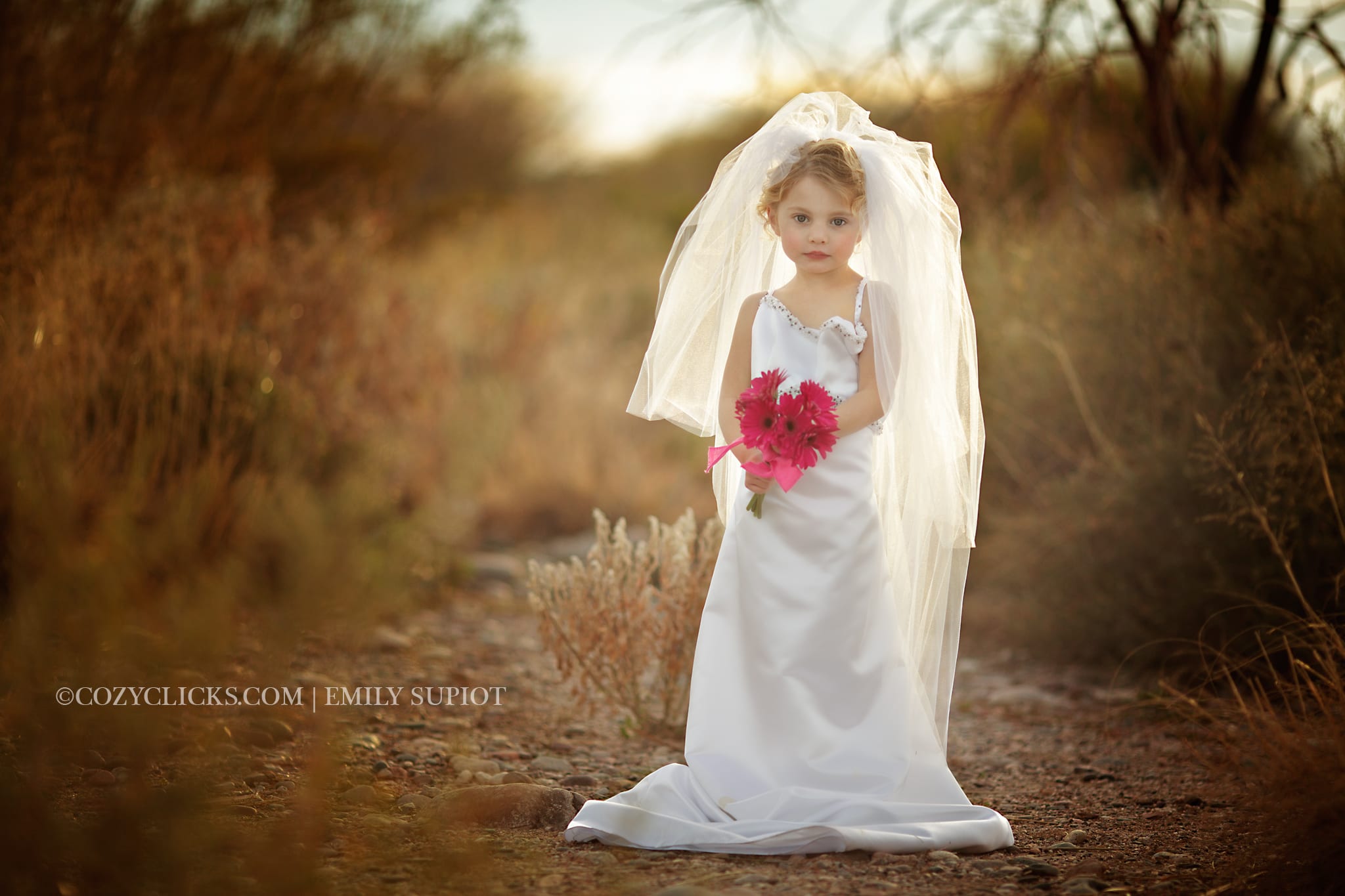 Phoneix children and fmaily photographer.  Wedding dress up.  Little girl in moms wedding dress photo