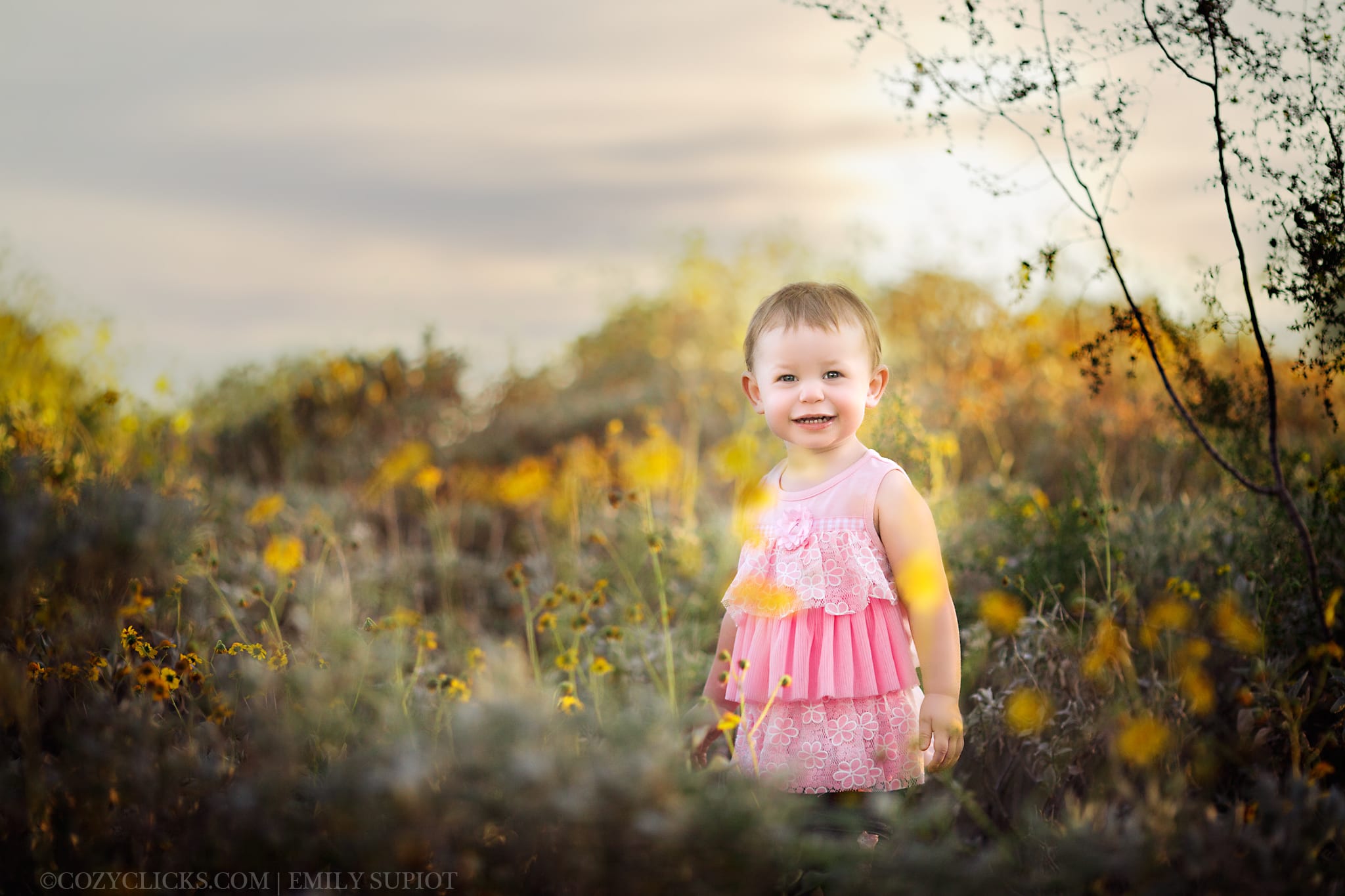 Toddler girl photo standing in a field of flowers with he sun setting behind her