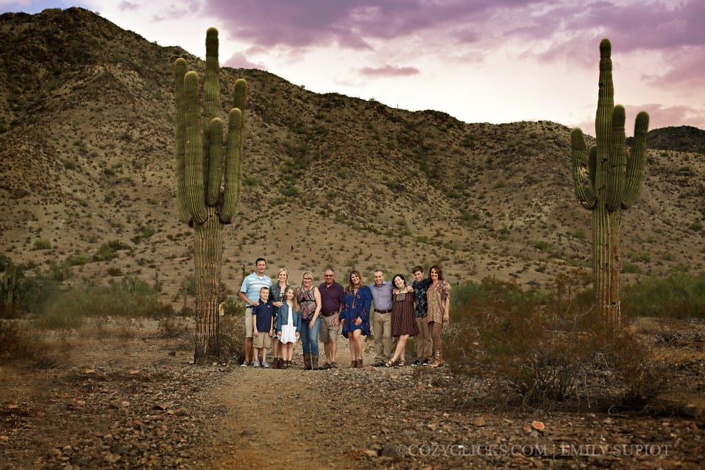 Extended family photo taken on South Mountain with mountains and cactus