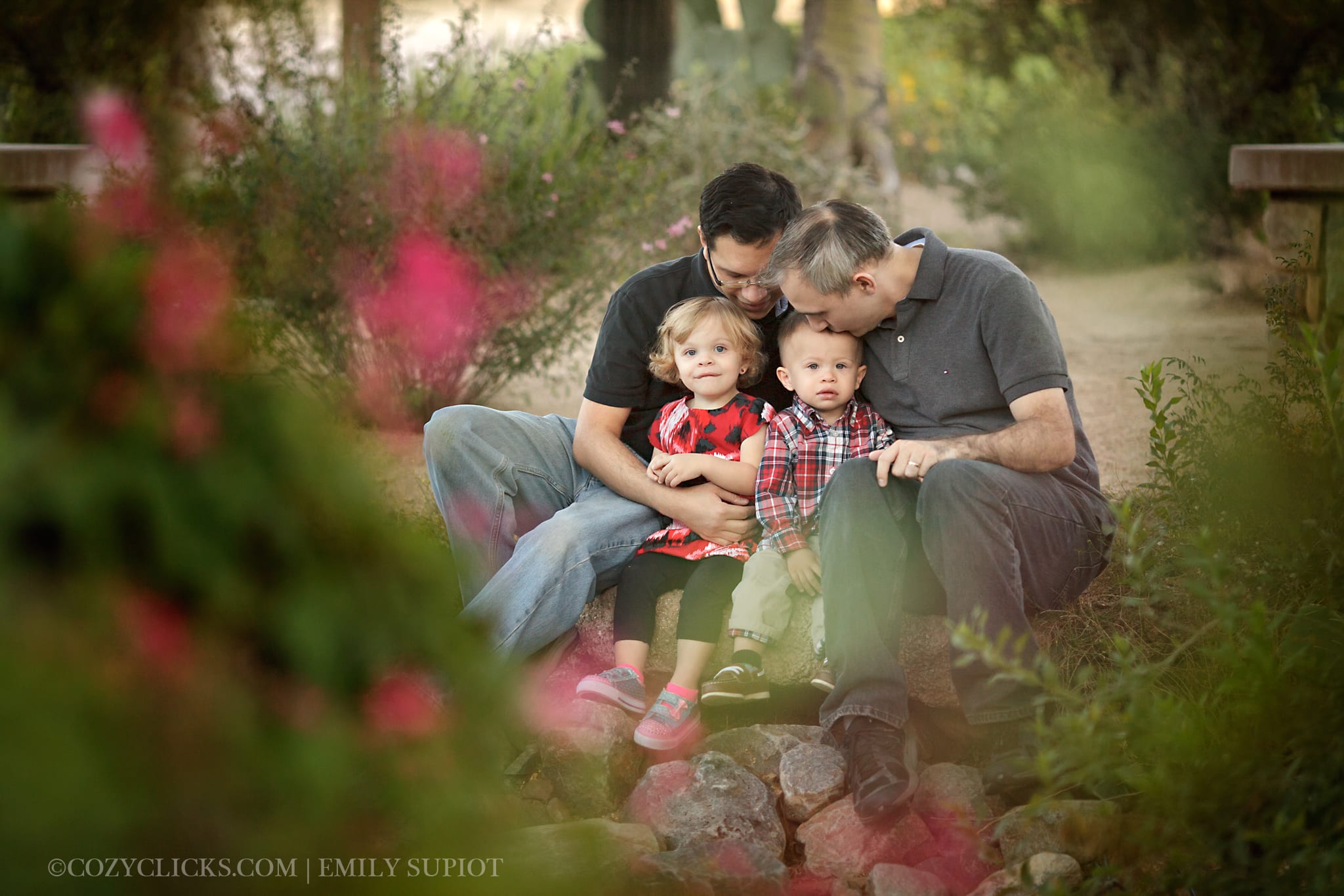 Same sex family portraits in Phoenix, AZ. Two dads and twin toddlers