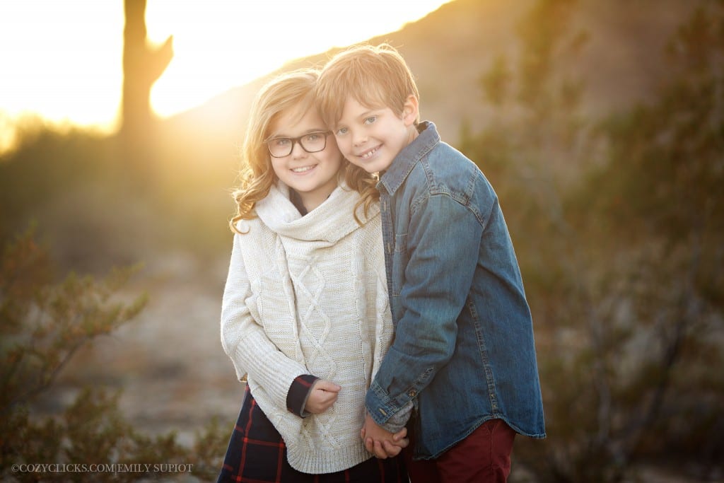 Kids photography in the desert at South Mountian Scorpion Gulch. Brother and sister portrait photo