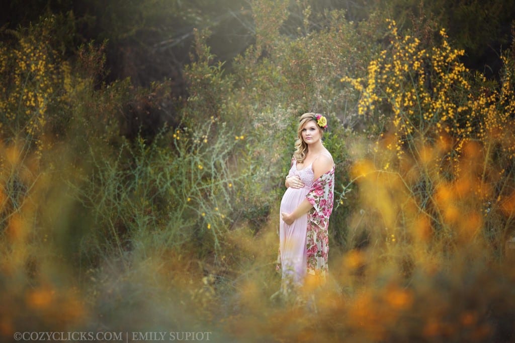 Full body maternity photo in Phoneix near the Downtown area. Maternity model is near wildflowers and wearing a maternity gown
