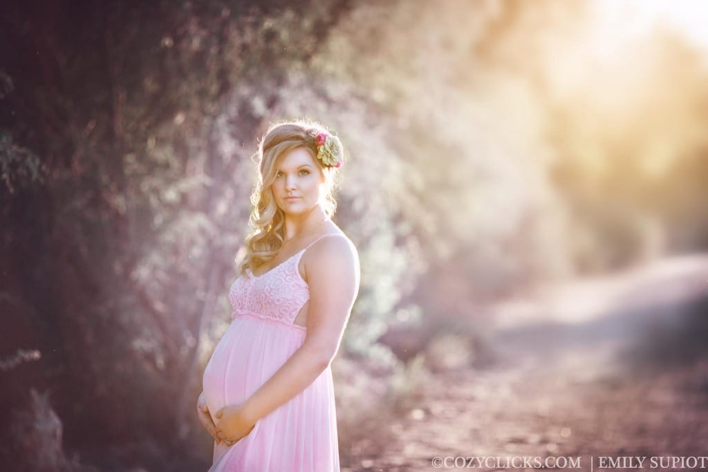 Backlit maternity photograph in Phoneix at the Rio Salado Audubon Center. maternity model is wearing a pale pink gown. 