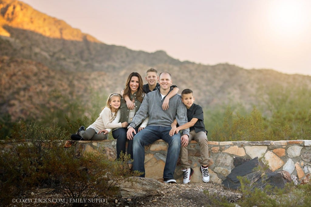 Family of five portrait in phoneix with South Mountain in the background at sunset