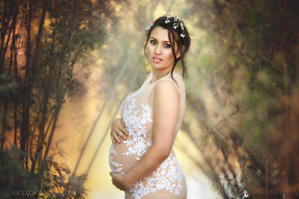 Gorgeous mom in pregancy photo.  maternity gown is nude with lace taken in Phoneix