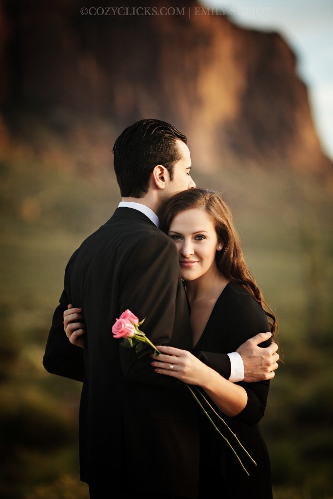 Engagment photo with Superstition Mountain in the far background