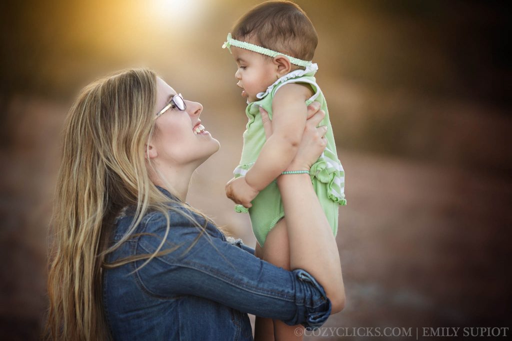 Mother and Daughter pose for a portrait together at 6 months old at sunset in Phoenix, AZ