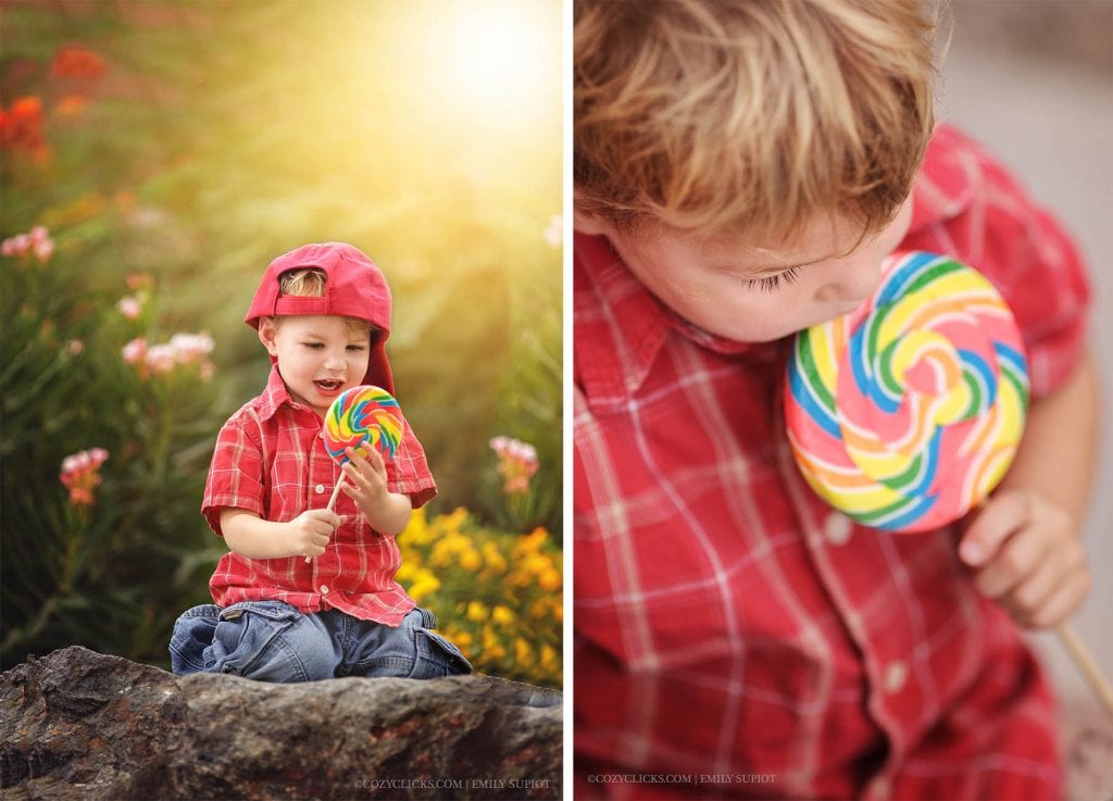 Two year portraits with lollipop in the setting sun