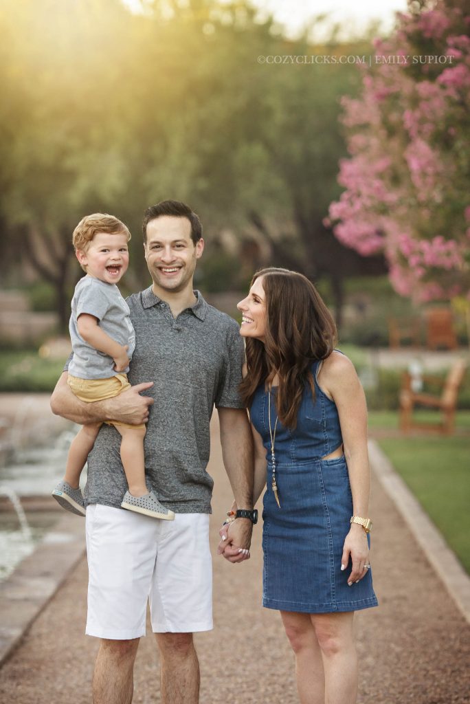Great unposed family of three family portrait with toddler boy in Scottsdale, AZ