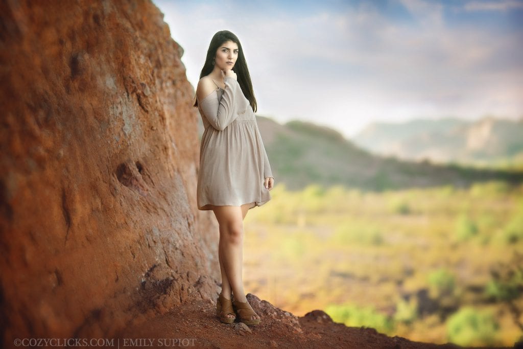 Gorgeous senior portrait with landscape view of the mountains and desert in Phoenix, Arizona