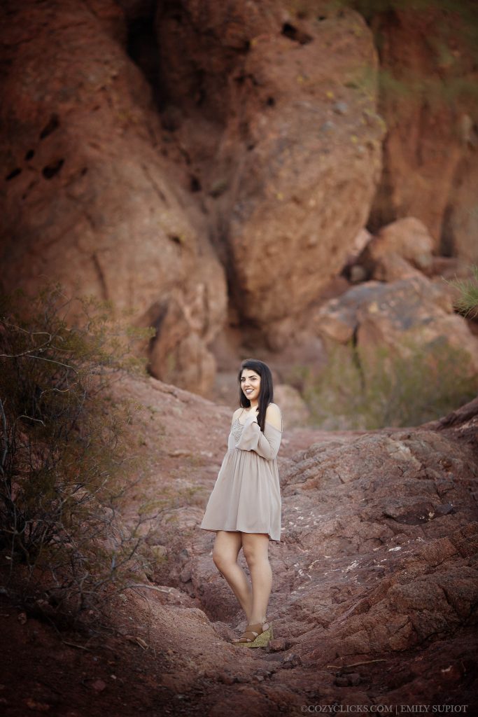 Senior Portriat girl photo in front of large mountain in Phoenix