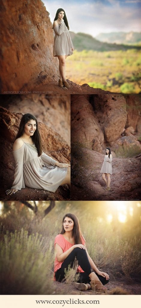 Beautiful high school senior girl portrait poses taken in the mountains in Phoenix, AZ