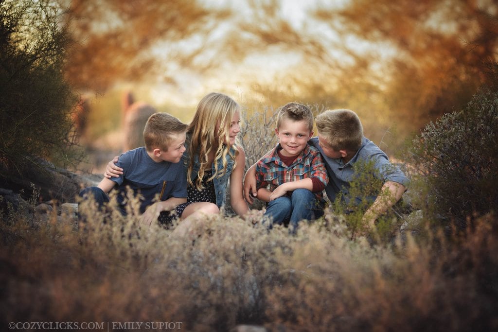 Sibiling photogrpahy of 4 kids in Scottsdale at the McDowell Mountain Preserve