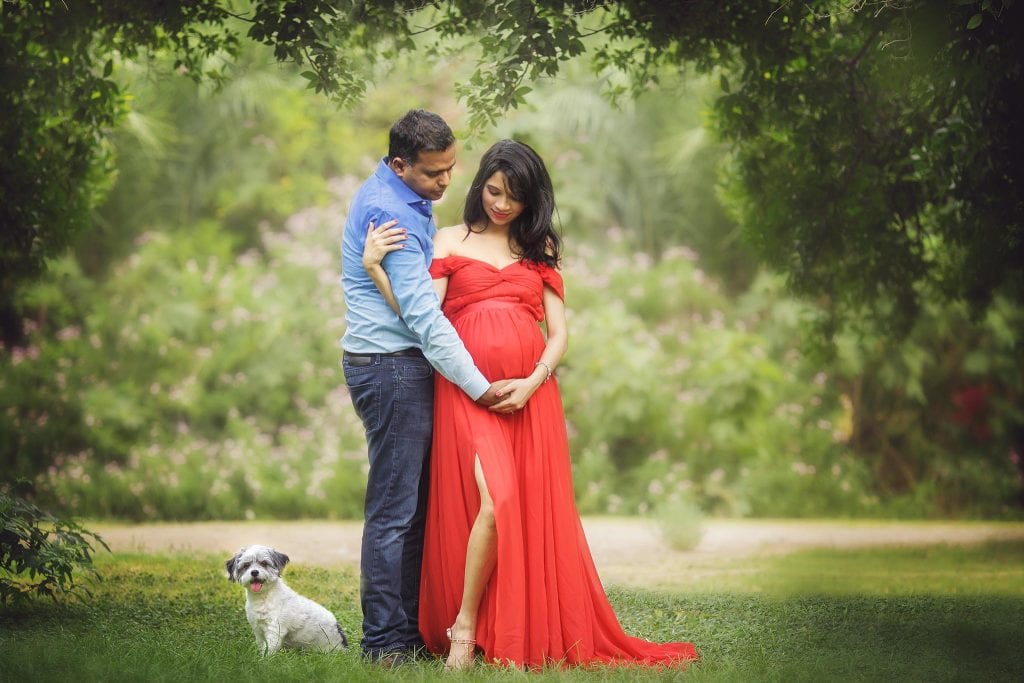 Gorgous fmaily maternity shot with dog in Phoenix